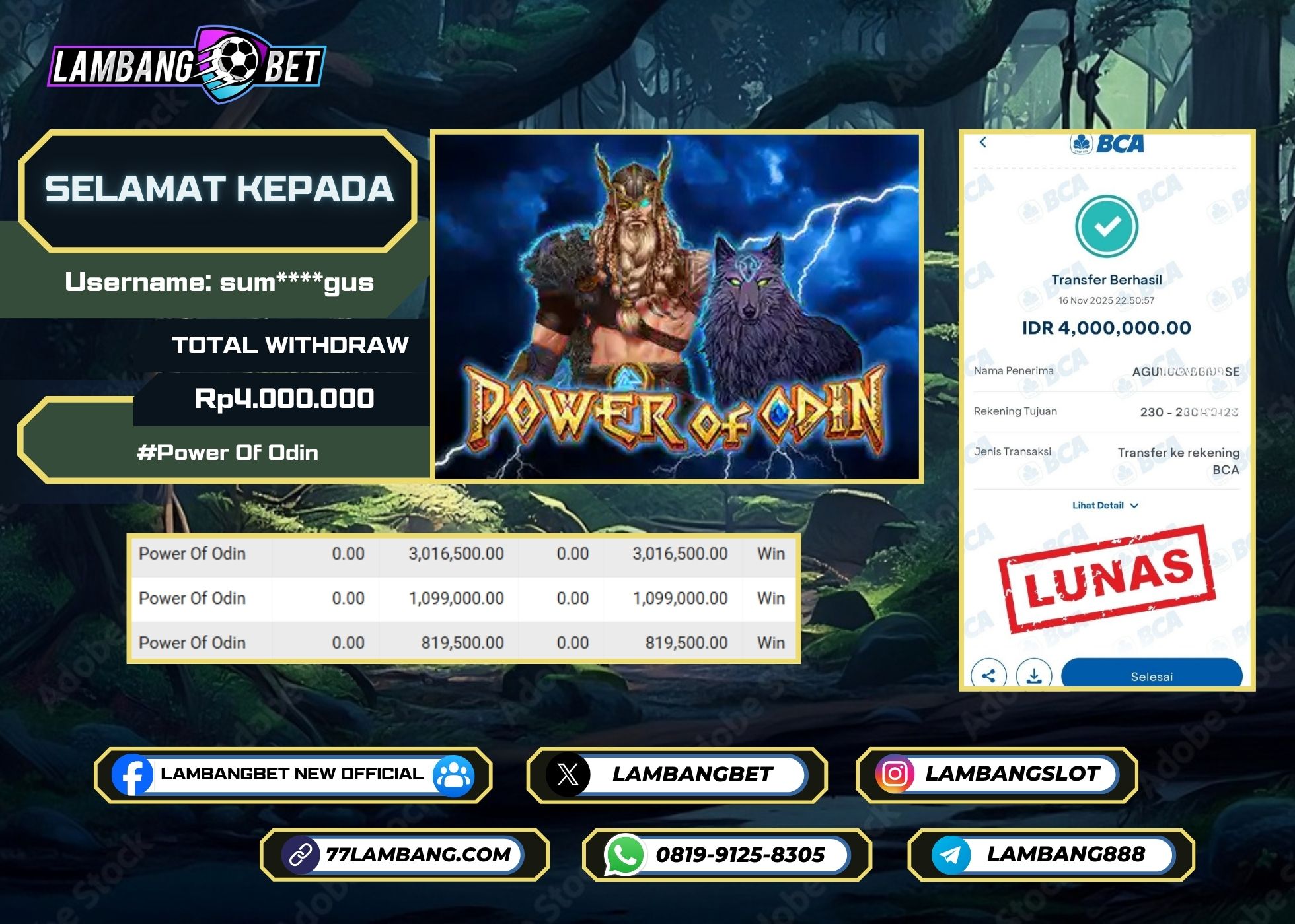 LAMBANGBET [16 NOVEMBER 2025] JACKPOT SLOT Power Of Odin "Rp4.000.000" LUNAS